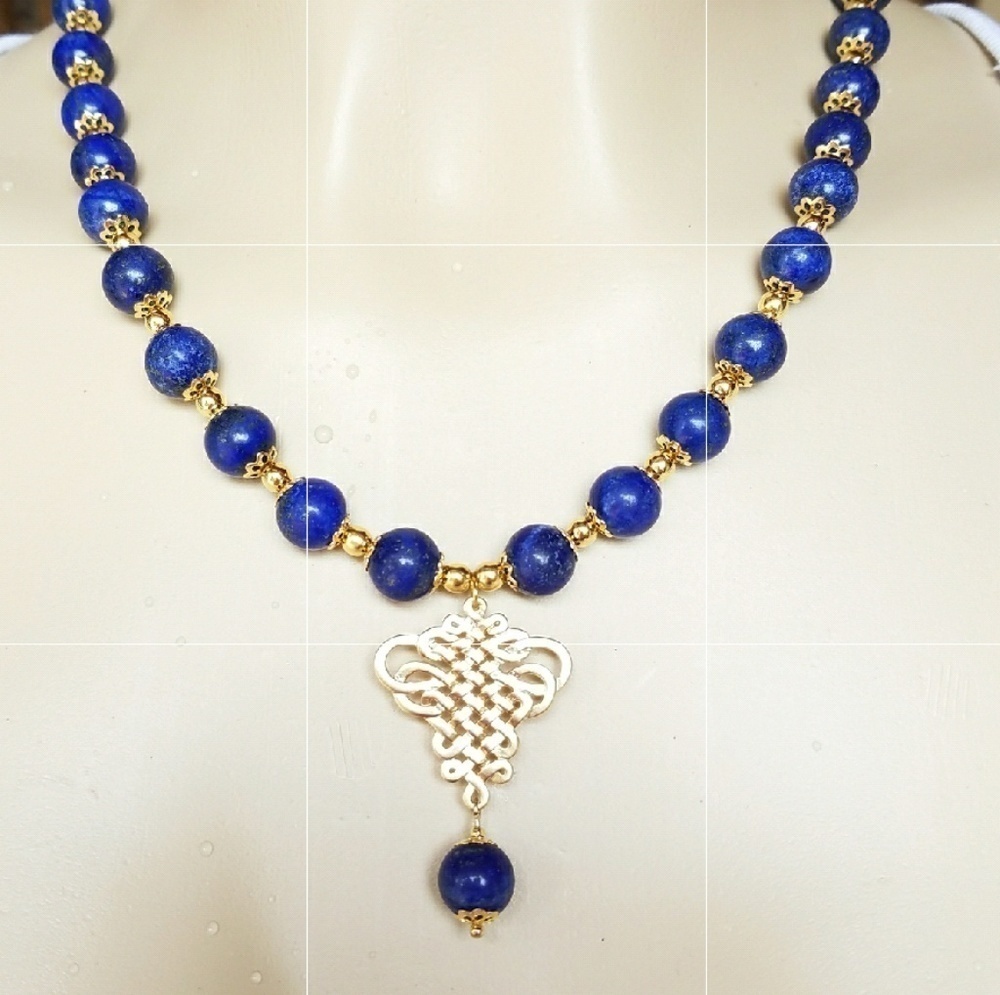 LAPIS & Golden Beaded Necklace & Earrings - Picture 5 of 7
